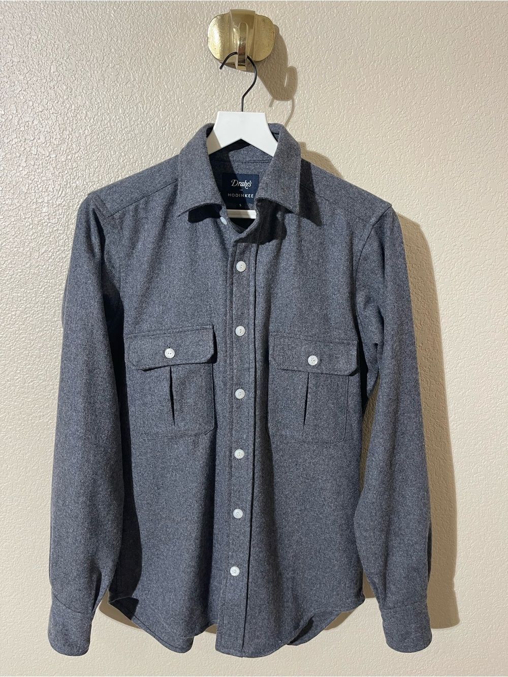 Drakes Charcoal Gray Button-Up Wool Shirt